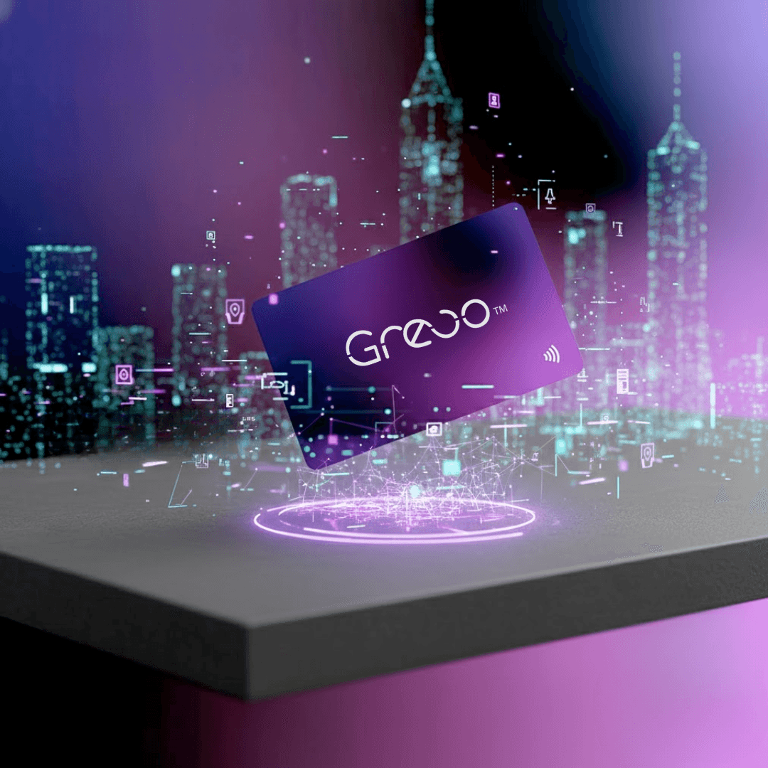Tapping a Grevo NFC card to share a profile on a phone